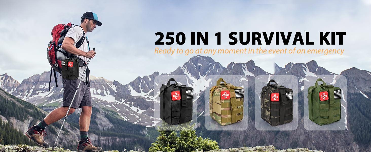 Survival Kit, 250Pcs Survival Gear First Aid Kit with Molle System Compatible Bag and Emergency Tent, Emergency Kit for Earthquake, Outdoor Adventure, Hiking, Hunting, Gifts for Men Women