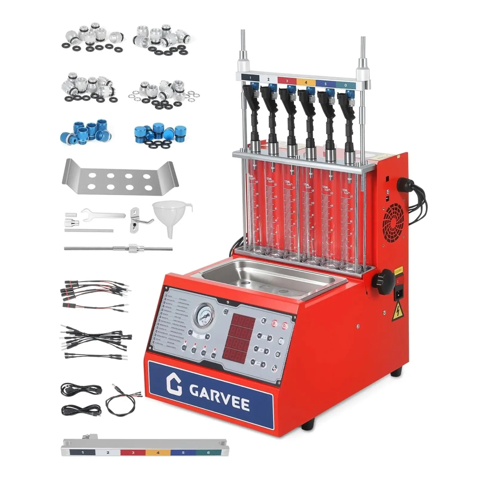 Garvee Fuel Injector Cleaner Tester 6-Cylinder 11 Test Modes 12V, Ultrasonic Injection Cleaning Machine with Adjustable Pressure (0-10 bar) & Pulse Width (0.1-25ms), Resistance Test, Digital Display