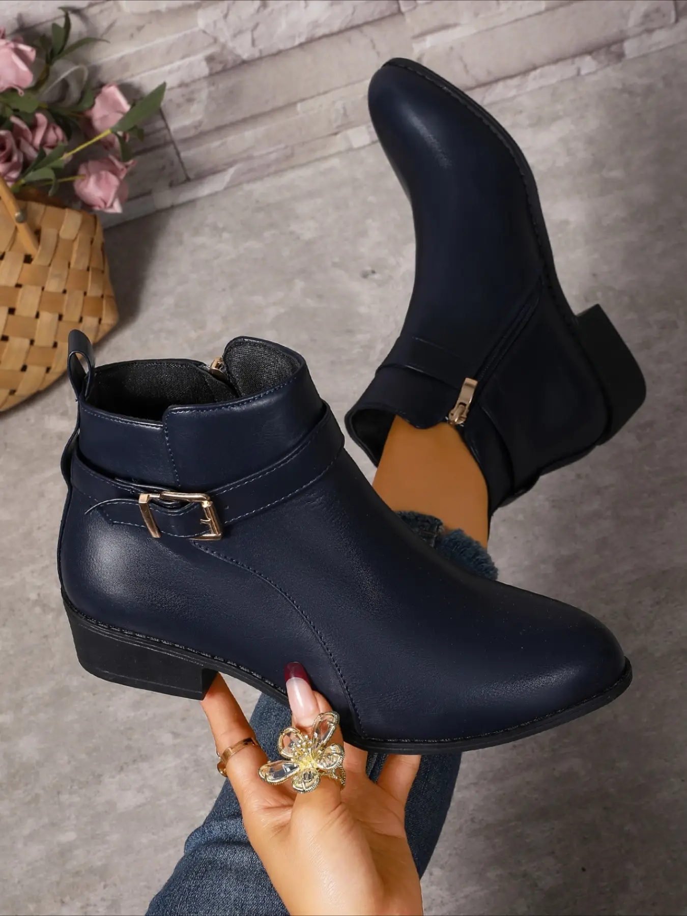 Double buckle round toe ankle boots side zipper low block heel two colors vintage british daily women boots