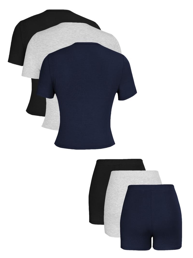 Women's Solid Color Top & Skinny Shorts Breathable Loungewear Set, Casual Comfy Short Sleeve Tee & Shorts Set, Ladies Sleepwear for All Seasons