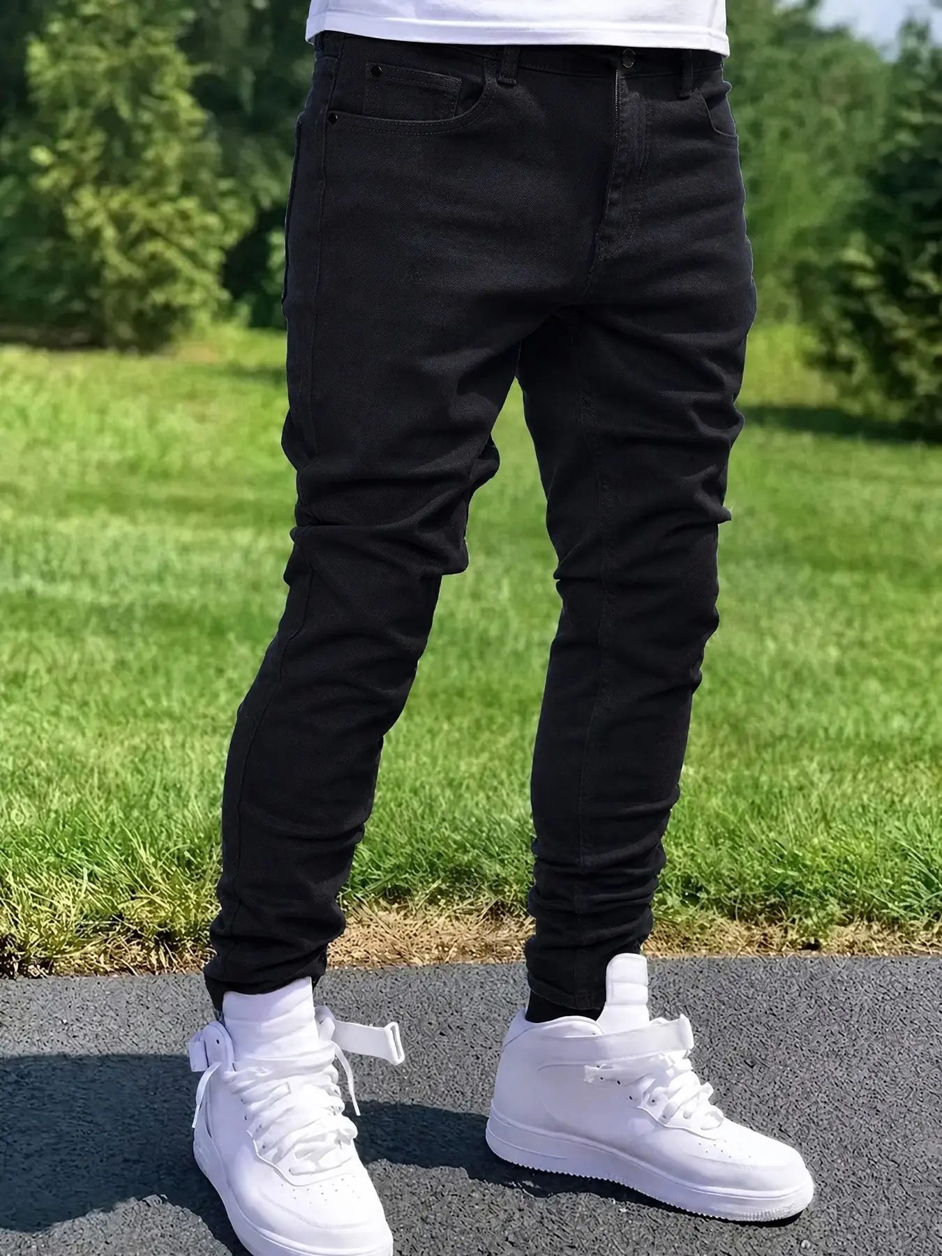 Men's Slim Fit Plain Jeans, Versatile Daily Commute Streetwear, Elastic Straight Leg Business Pants, Soft Cotton Fabric, Four-Season Wear