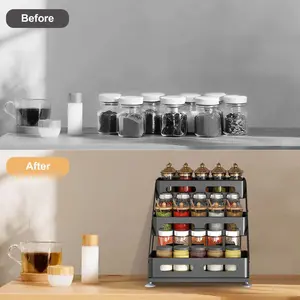 3-Tier Collapsible & Adjustable Spice Rack Organizer – Carbon Steel Kitchen Shelf – Non-Slip Feet & Suction Cups – Space-Saving Storage for Cabinet, Countertop, Pantry – Frosted Black