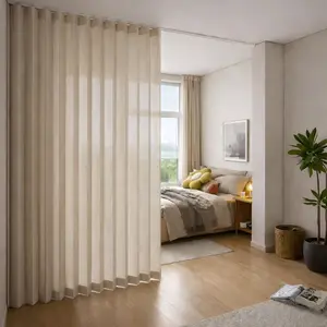 No-Drill Light Filtering Room Divider Curtain with Hooks for Renters, Foldable Privacy Partition for Small Apartments, Bedroom & Living Room