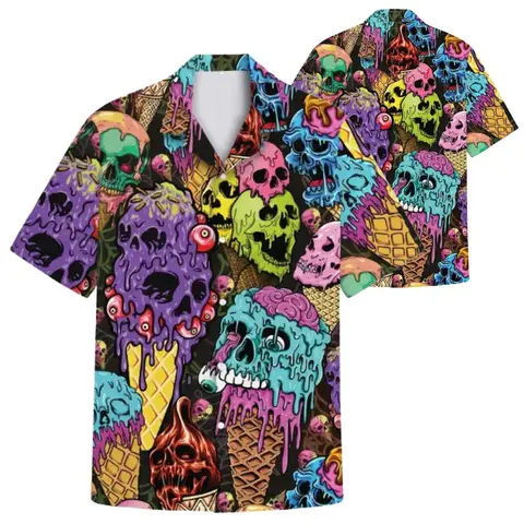 Men's Short-Sleeve Tropical Hawaiian Shirt - Relaxed Fit, Colorful Melting Skull Print, Soft Polyester Casual Top, Ideal for Beach Wear, Horror Themed Gifts