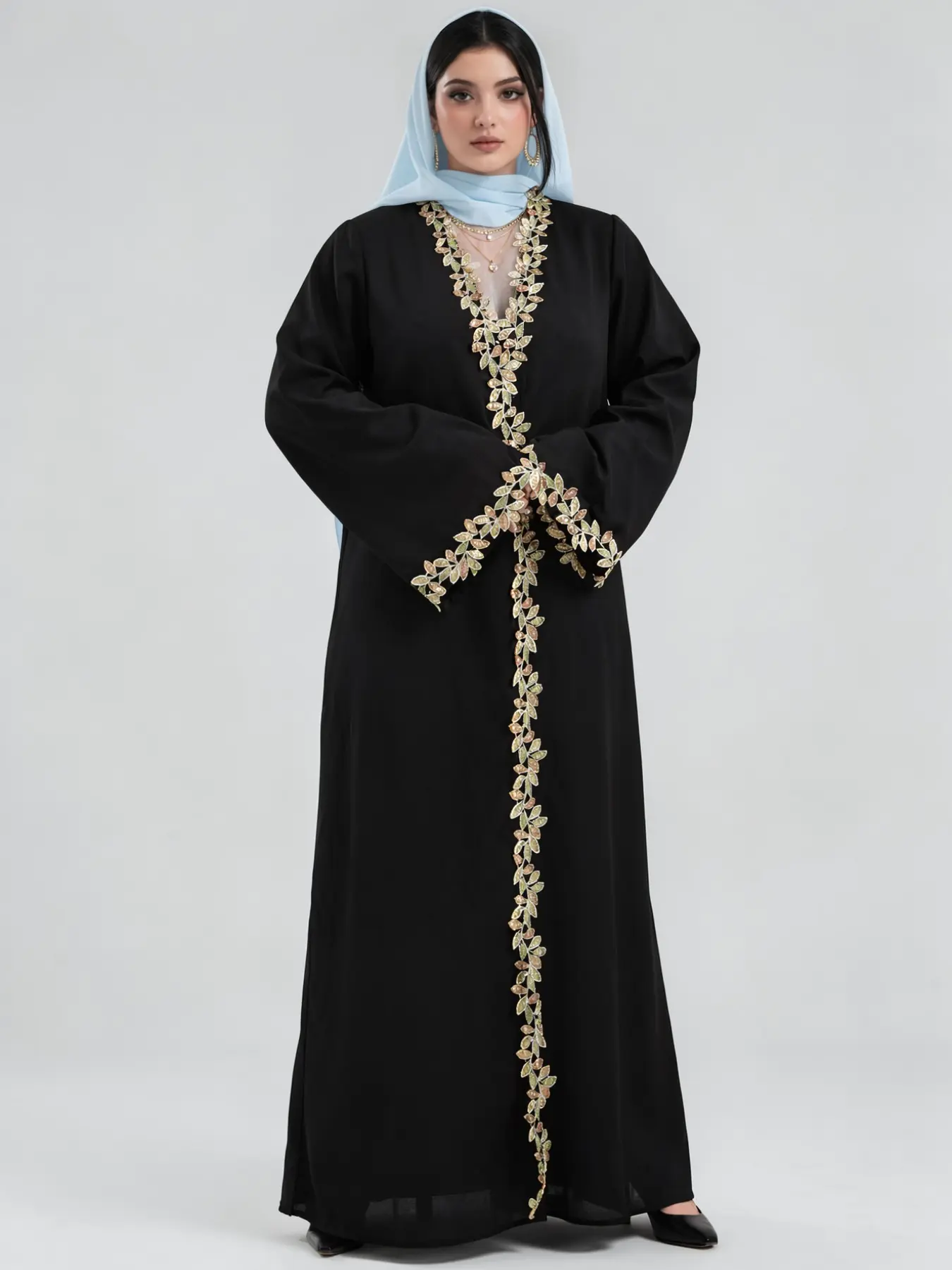 Elegant Muslim Women's Long Outer Robe, Gold Leaf Embellished Hem, Flared Sleeves, Open Front Kimono, Modest Style, Islamic Modesty Clothes, Perfect for Weddings and Festivals