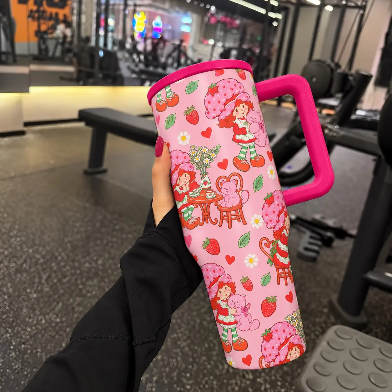1PC 40oz Insulated Tumbler with Handle and Lid, Large Capacity Vacuum Cup, Double Wall Stainless Steel Travel Mug, Leakproof Tumbler Cup for Hot and Cold Drinks, Keeps Hot 12H Cold 24H, Pink Strawberry Cartoon Girl Print Design, Insulated Vacuum Flasks