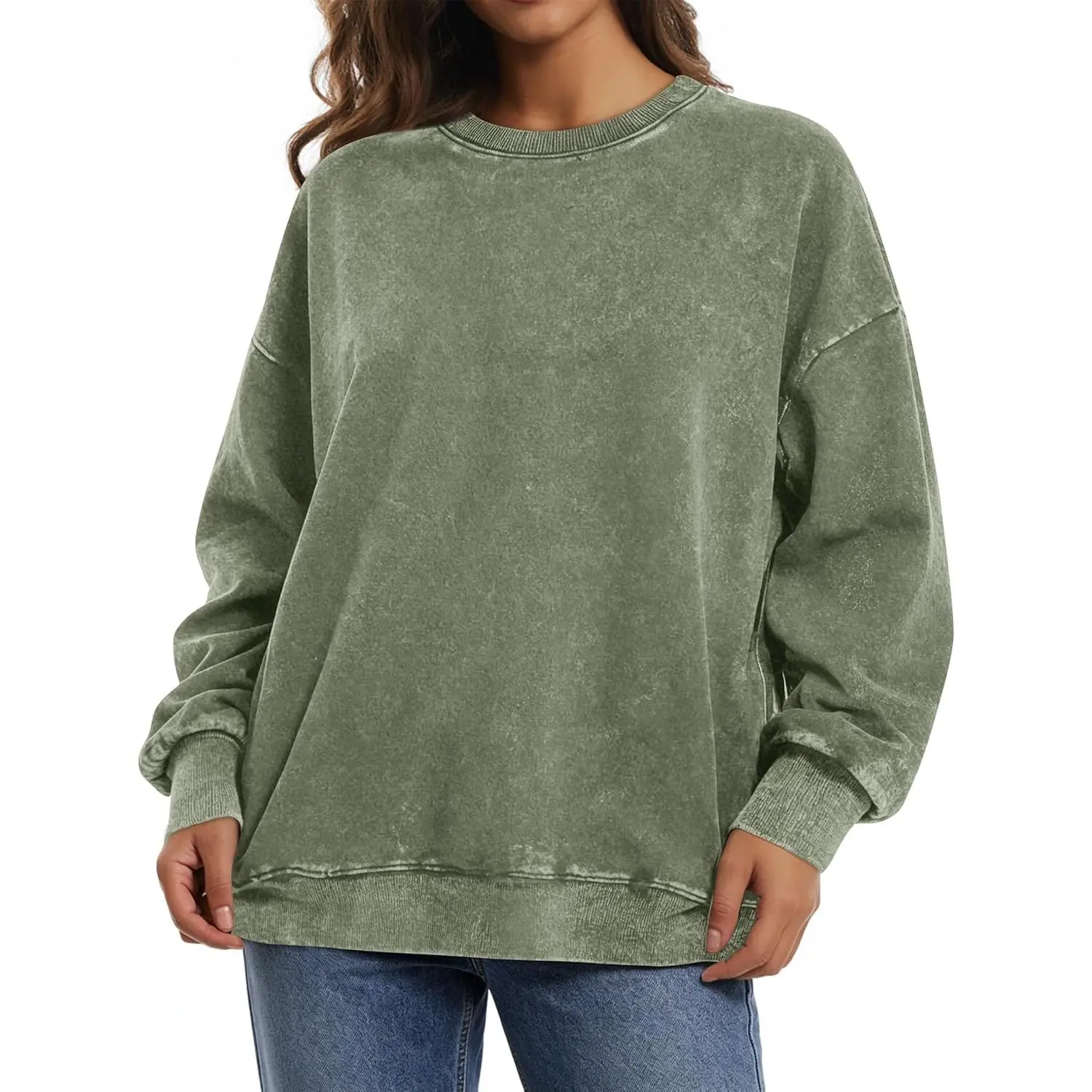 Women's Loose Fitting Pullover Sweater with Long Sleeves Acid Washed Round Neck Top Basic Style Sports Pullover Shirt with Long Sleeves
