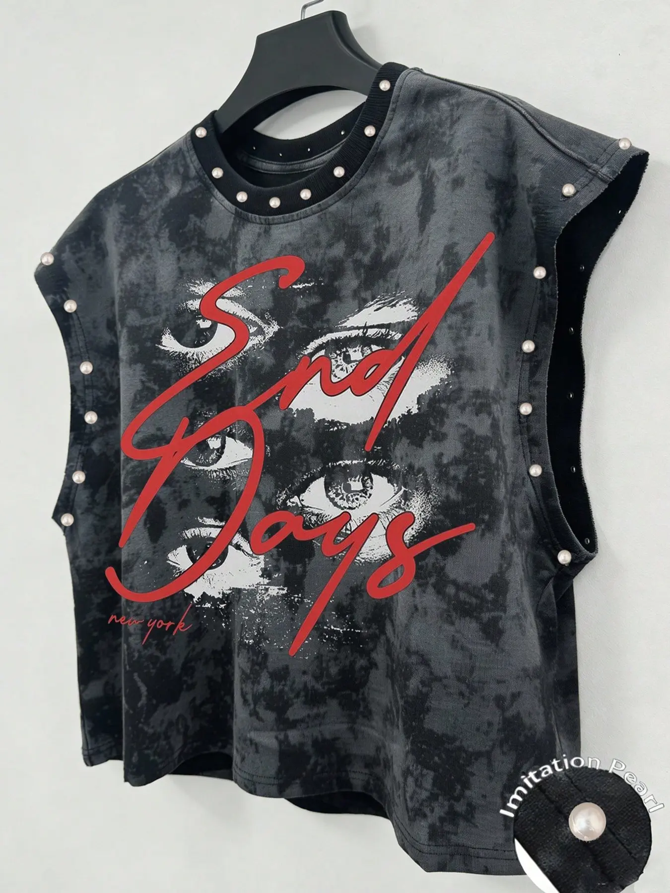 Men's Round Neck Vest, Rhinestone Letter Eye Print, Outdoor Vacation Travel Party Street Retro Classic Fashion, Comfortable Casual Jersey
