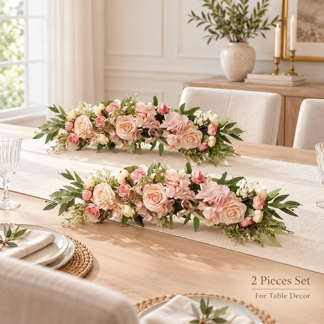 2Pcs Soft Pink Artificial Rose Floral Swag, 65cm Eucalyptus Silk Flower Row, Wedding Arch Backdrop Flowers for Ceremony Party Wall Door Decor, Artificial Fake Flower