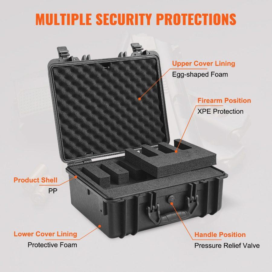 VEVOR Hard Pistol Cases with Pre-cut Lining, Waterproof Dustproof Hard Gun Case for 5 Pistol, 18.9×16.3×8.5 in Lockable Pistol Case, Black, 18.9X16.3x8.5"