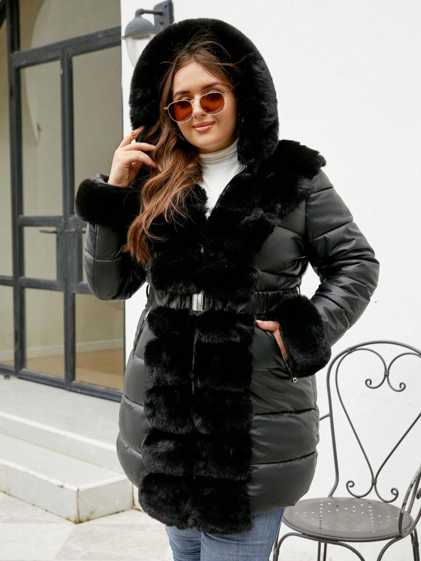 Women's Winter Long Hooded PU Cotton Coat, Elegant Fitted Warm Everyday Jacket with Belt, Vintage Plush Patchwork, Fall & Winter Outerwear