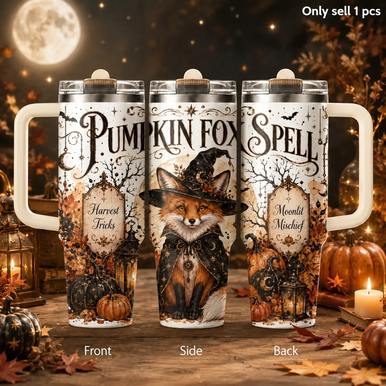 Halloween Fox Witch Vibes Vacuum Flasks 40oz 3rd Gen Vacuum Insulated Stainless Steel Tumbler with Handle, Straw Lid, Leak-Resistant Travel Mug for Water, Coffee, Gifts, Office, Gym & Car Cup Holder