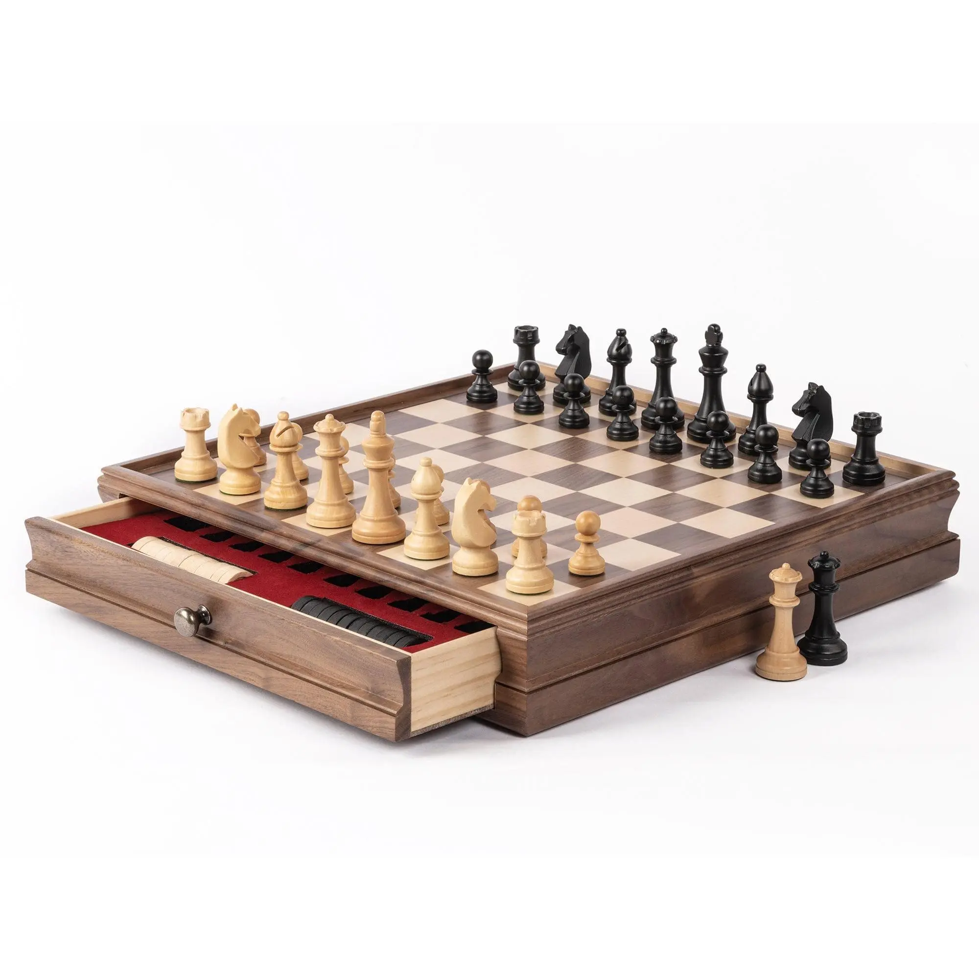 A&A 15'' Premium Walnut Wood Chess and Checkers Set w/Drawer