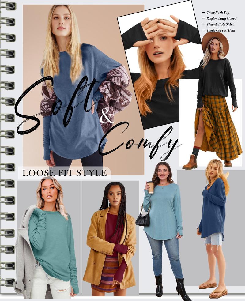 WIHOLL Womens Tunic Tops to Wear with Leggings Long Sleeve Thumb Hole Shirts Crew Neck Curved Hem