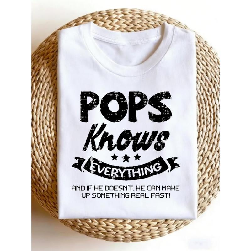 Men's Classic Distressed Soft Breathable "Pops Knows Everything" Quote Print Ribbed Cotton Round Neck Short-Sleeve Tshirt - Relaxed Regular Fit Casual Top, Machine Washable, Foldable, Hangable, Retro Humor Father's Day Gift for Dads