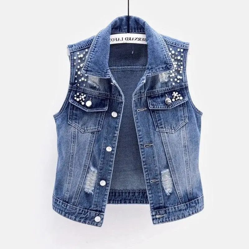 Women's Sleeveless Loose Short Denim Vest Jacket Luxury Pearl Fashion 2025 Spring Autumn Street Wear For Women