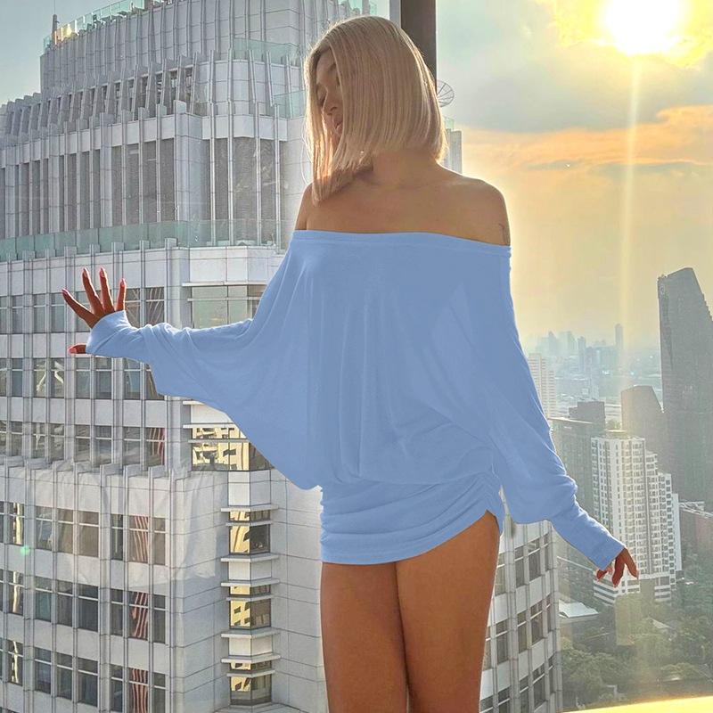 European and American style women's clothing 2025 spring new sexy pure desire wind one-word collar pull pleated tight hip wrap dress