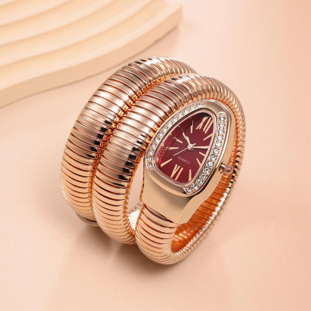 Women's Luxury Gold Snake Bangle Quartz Watch - Wrap Around Wristwatch with Crystal Diamond Bezel, Mother of Pearl Dial, Roman Numerals, Elegant Retro Statement Timepiece, Perfect Gift for Her