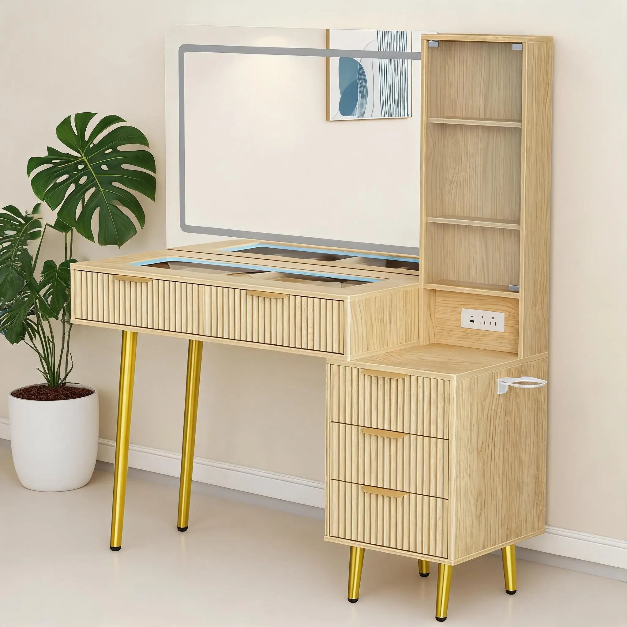 Modern Wave-Pattern Vanity Desk – Available in Deep Gray and Oak Finish, Elegant Bedroom Dressing Table
