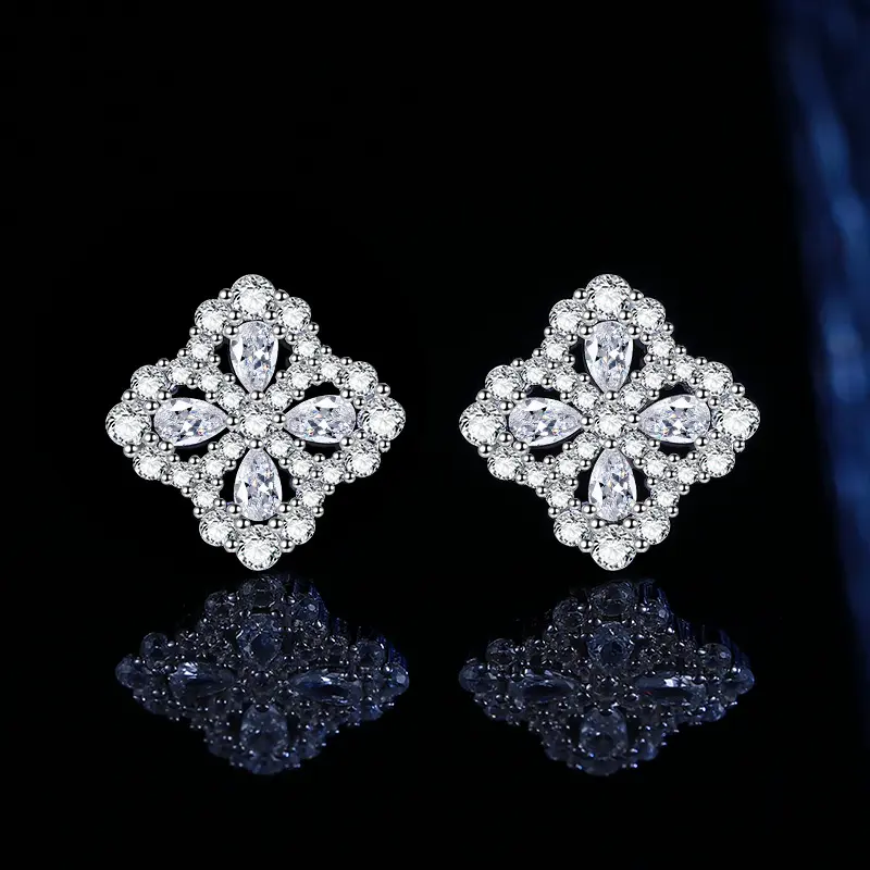 S925 Sterling Silver Four-Leaf Clover Jewelry Set, Sparkling Cubic Zirconia Pendant Necklace & Stud Earrings, Vintage Luxury Hollow Flower Matching Ornaments, Fashion Gifts for Women