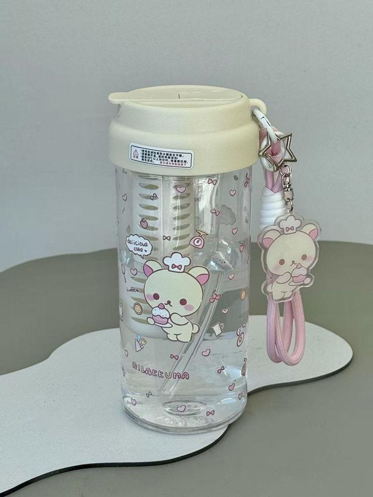 600ml Anime Kawaii Rilakkuma Plastic Straw Cup Girls Cartoon Children Outdoor Portable Large Capacity Sports Water Bottle Gifts