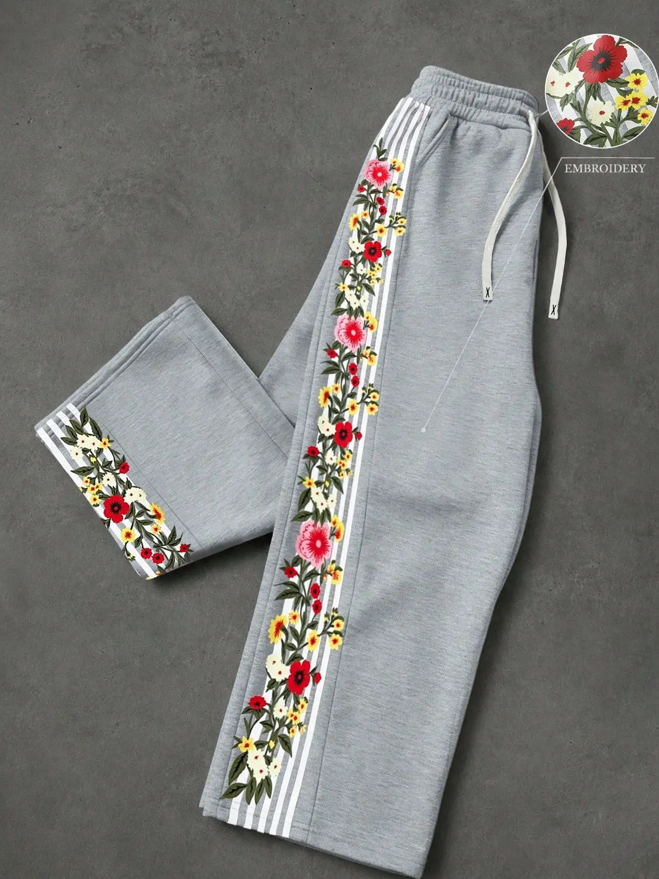 Soft Breathable Floral Embroidered Men's Sweatpants, Loose Fit Drawstring Wide Leg Casual Pants, Street Style, Campus Wear, Daily