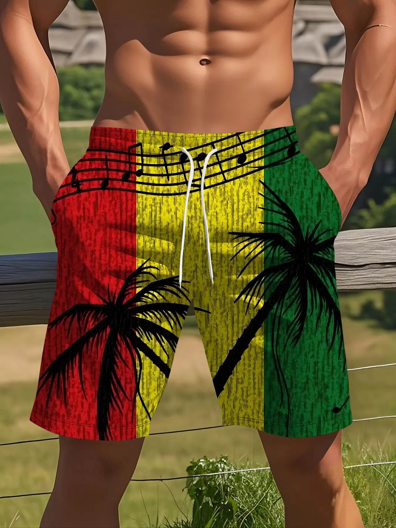 Men's Summer Jamaican Style Beach Shorts, Lightweight Beach Trunks, Printed Trunks, Coconut Tree Print, Tropical Print, Casual Fitted Five-Quarter Pants, Drawstring Waist, Ideal Gift Choice