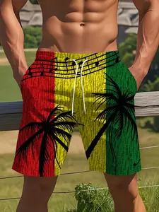 Men's Summer Jamaican Style Beach Shorts, Beach Trunks, Printed Trunks, Coconut Tree Print, Tropical Print, Casual Fitted Five-Quarter Pants, Drawstring Waist, Ideal Gift Choice