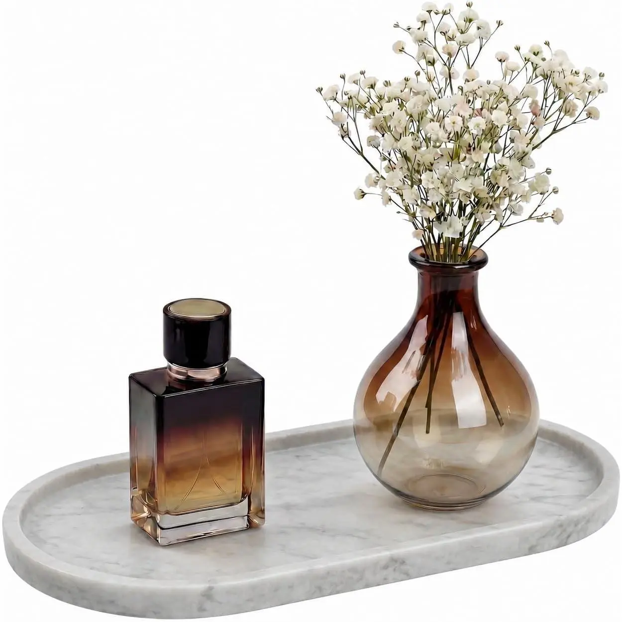 YKAJO Carrara White Gray Oval Marble Tray, 11.8" x 5.9" Honed Natural Stone Perfume Organizer Dish, Holds Jewelry Rings Keys Candles Trinkets, Ideal for Dresser Nightstand Bath Counter