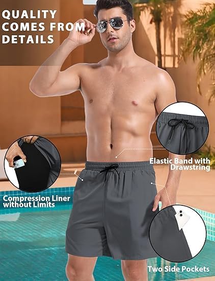 Men's swim trunks with a compression liner and a 5-inch inseam, quick-drying
