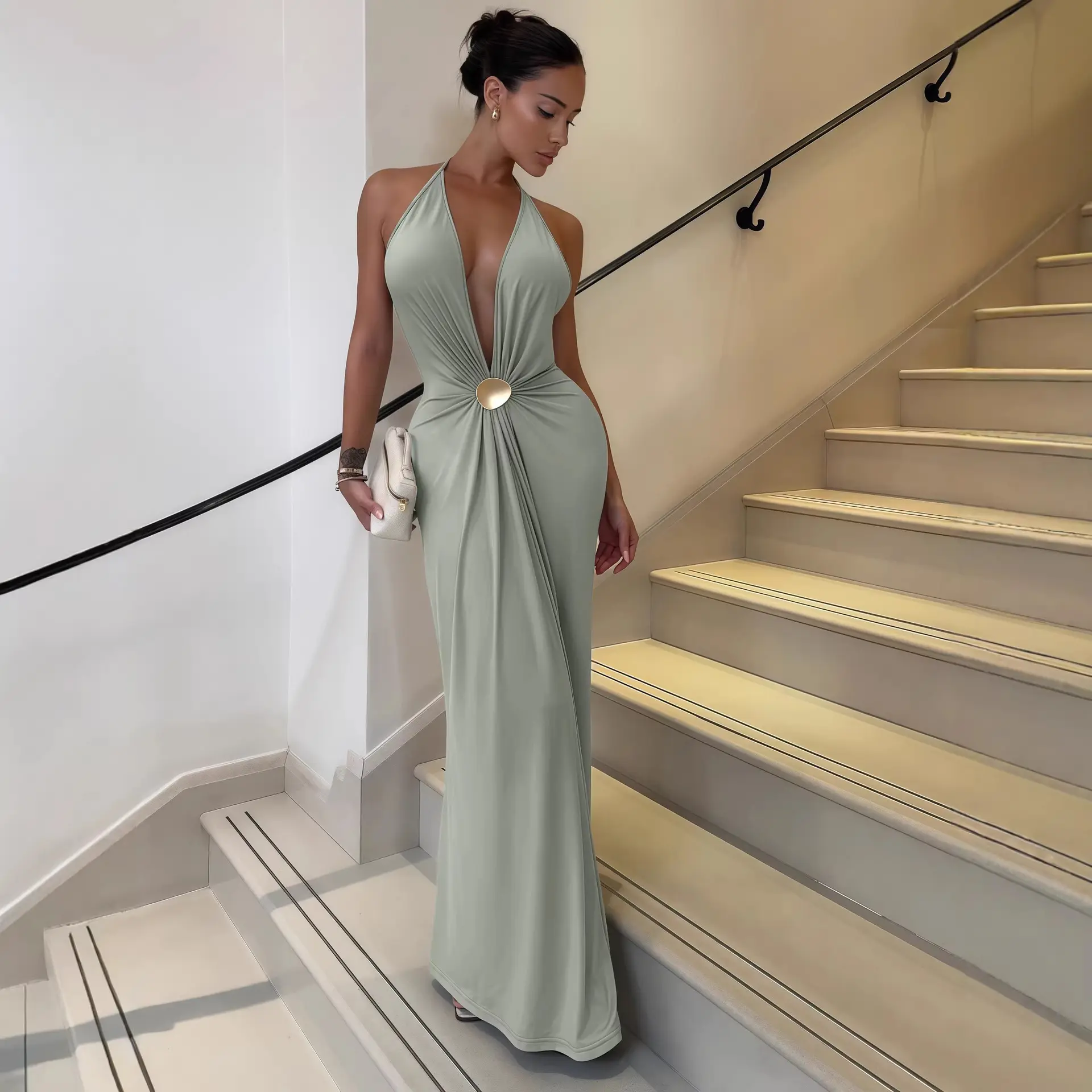 European and American women's clothing neck deep V long dress sexy evening dress waist long dress