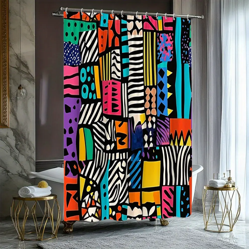 1pc Creative Colorful Geometric Pattern Shower Curtain - 70.8x70.8 In, Vibrant Abstract Design for Modern Bathroom Decor, Includes 12 Plastic Hooks
