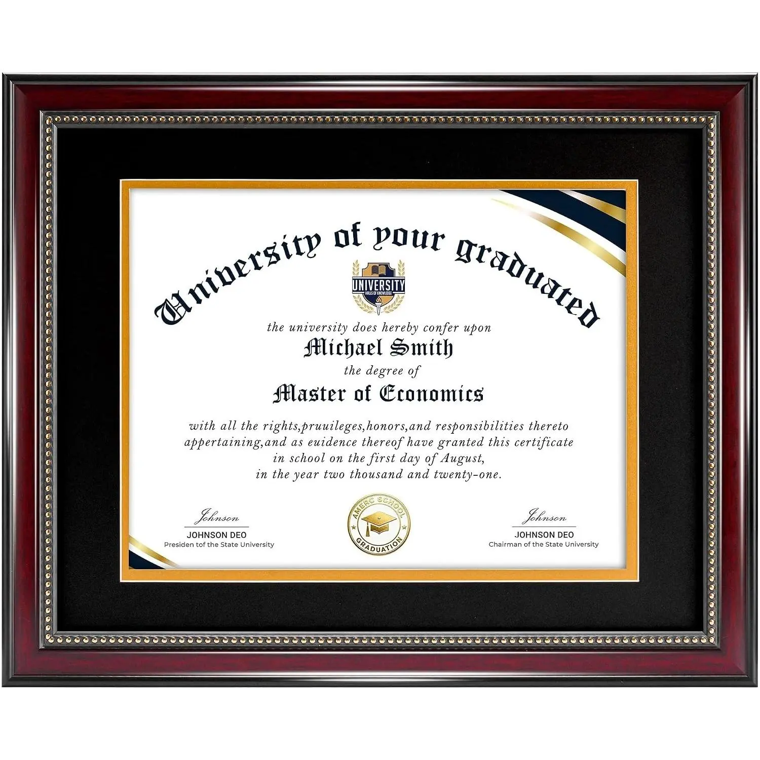 Diploma Frame 8.5 x 11 with Black over Gold Mat or 11x14 Frame Without Mat, High Definition Glass Certificate Frame for Degree, Mahogany with Gold Beads, 1 PackGift