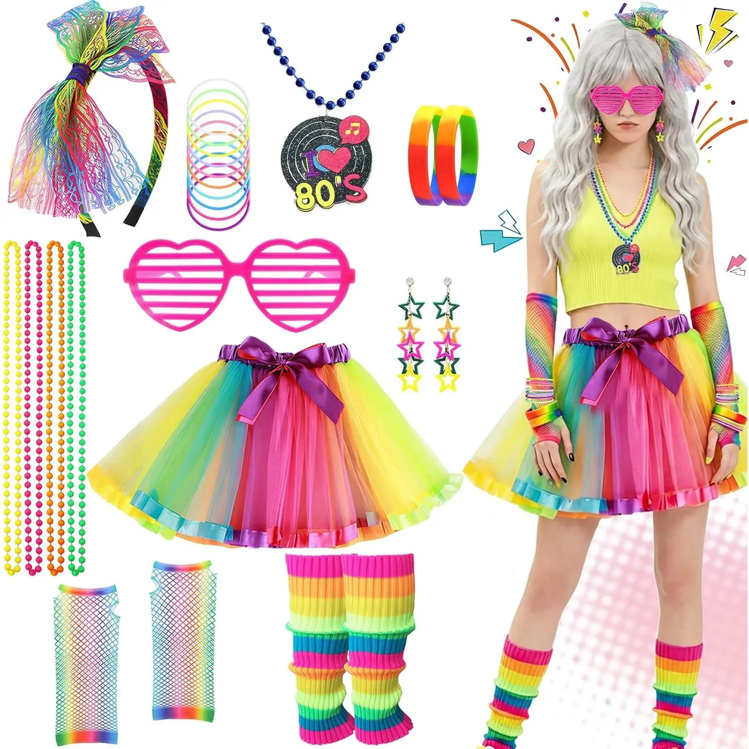 1980s Neon Costume Accessory Set – Complete Retro Outfit Kit for Women, Perfect for 80s Theme Parties, Halloween & Fancy Dress