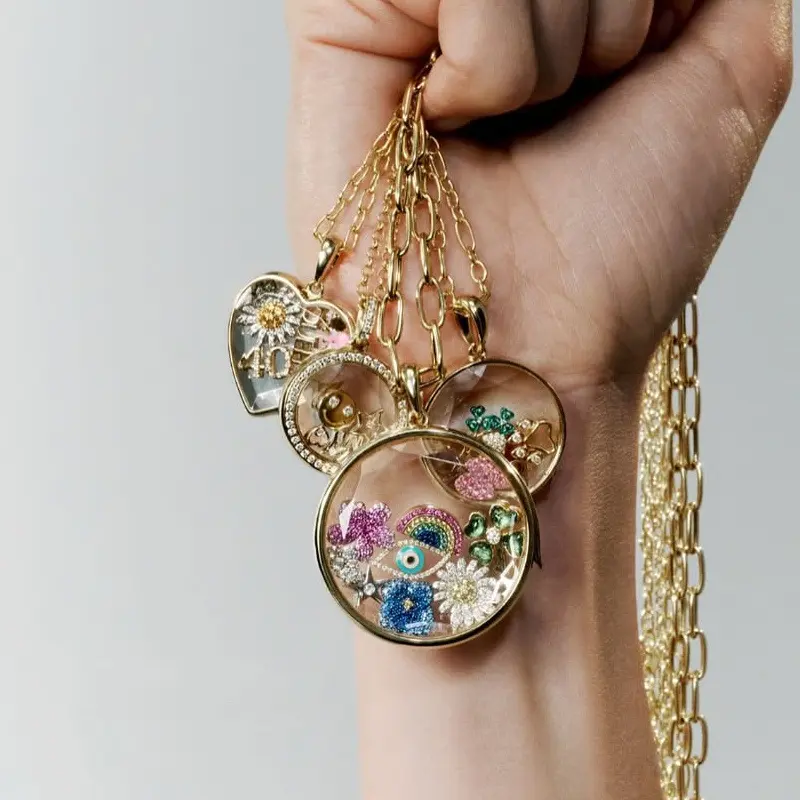 Women's Plated Floating Locket Charm Necklace - DIY Custom Rhinestone Mini Charms, Fruit/Animal Beads, Memory Glass Living Pendant, Paperclip Chain Stackable Casual Daily Jewelry Gift