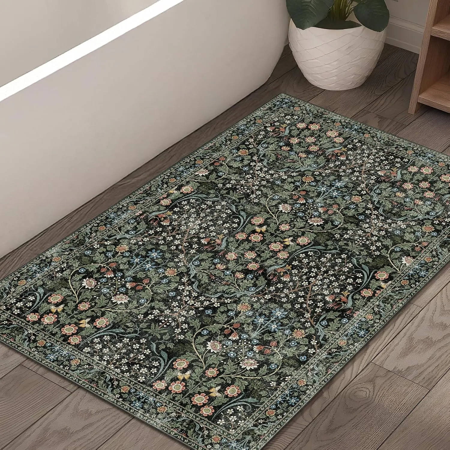 2x3 Washable Rug Floral Small Area Rugs Non Slip Ultra-Thin | Throw Carpet for Bathroom Entryway Entry Entrance Bedroom Bedside Floor Indoor Boho Botanical  Black and Green