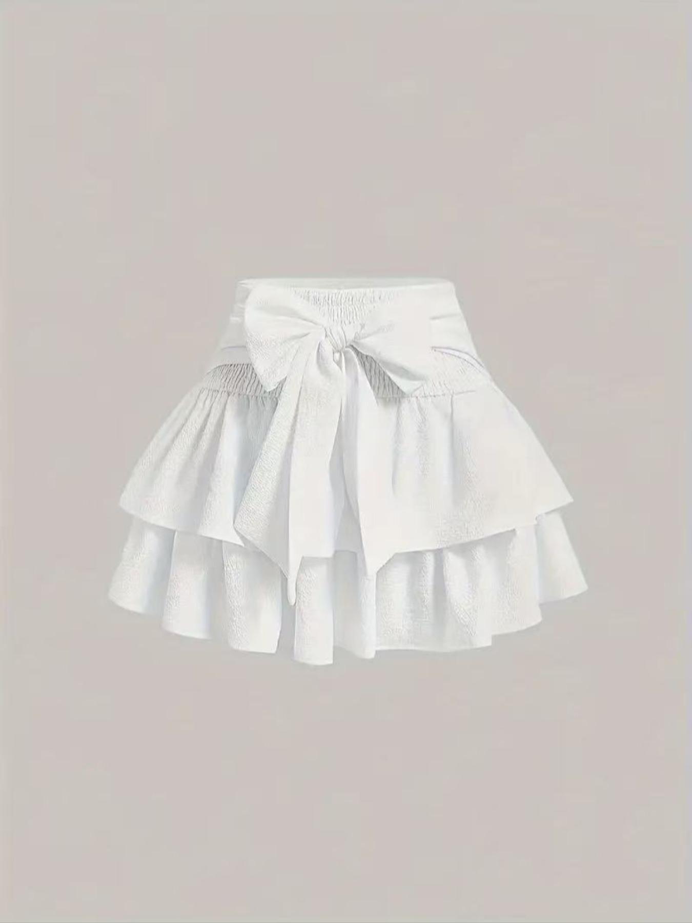 Women's Plain Bow Decor Tiered Layer Ruffle Hem Skirt, Casual Shirred Short Skirt for Daily Wear, Ladies Bottoms for All Seasons, Womenswear