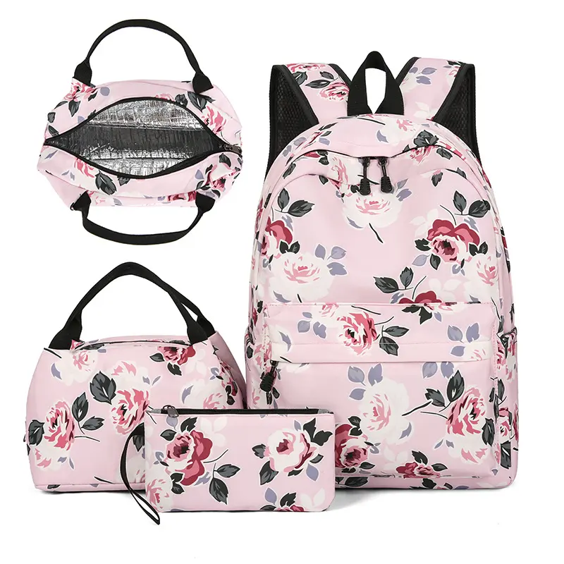 3-Piece Floral Backpack Set, Large Capacity School Backpack with Lunch Bag & Pencil Case, Casual Floral Print Daypack