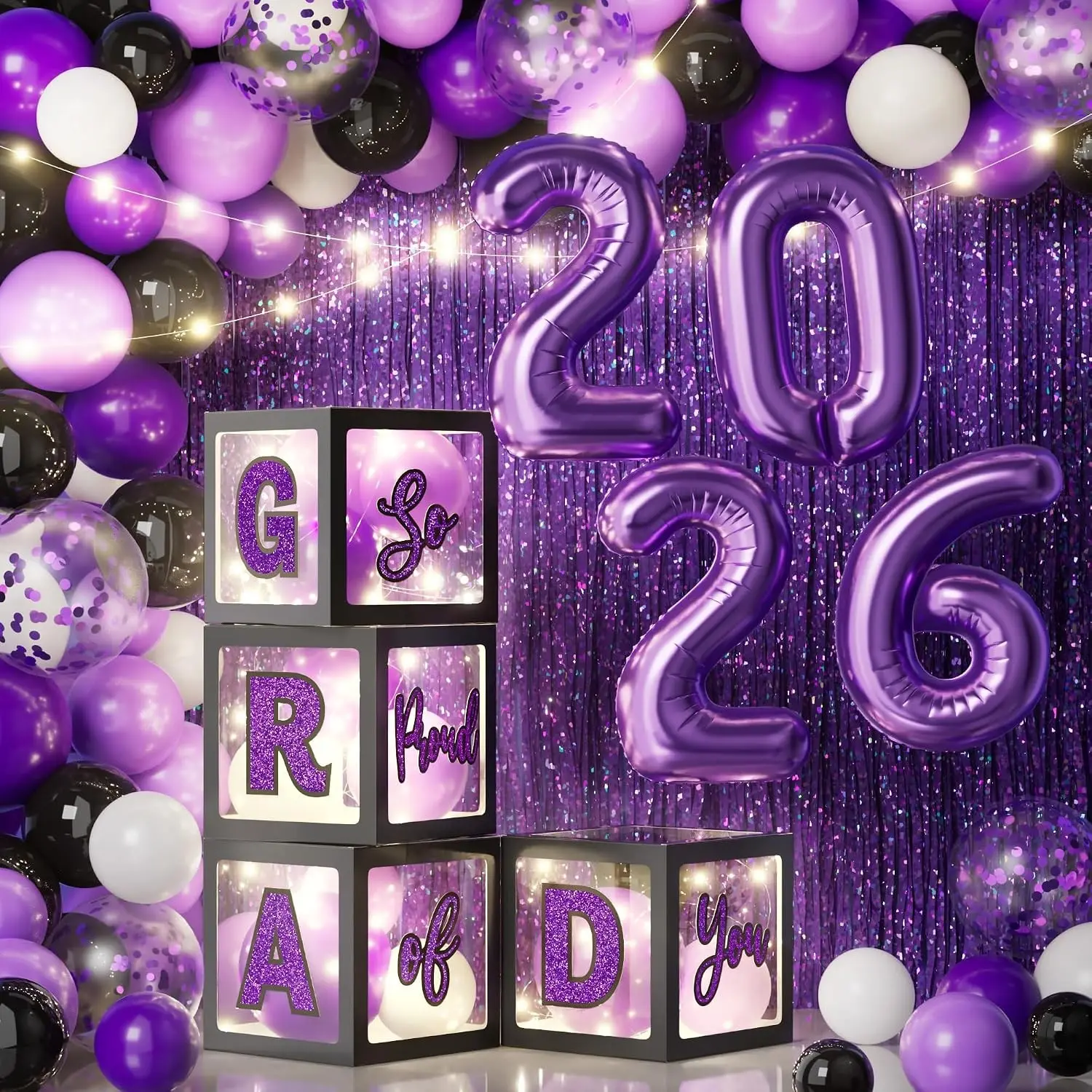 2026 Graduation Decorations, 86PCS Black Purple Graduation Party Decoration Supplies Grad Balloon Arch Kit with Led Light Strings, Balloon Boxes with Letters & Foil Curtains for High School College
