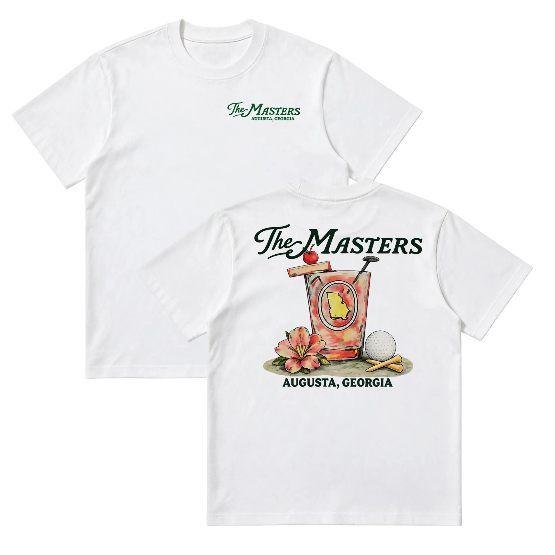 Men's Masters Augusta Georgia Cocktail Graphic Front Round Neck Short-Sleeve Breathable Soft Cotton T-Shirt, Menswear Tops for Golf Tournament Watch Party, Gift for Golf Enthusiasts