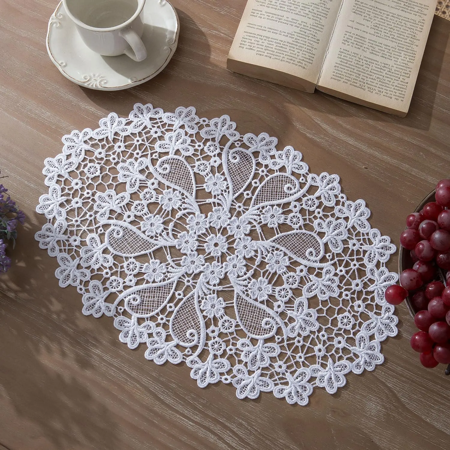 Oval Lace Placemats 2-Pack, Embroidered Doilies with Floret Design, White 11.8 x 17.6 Inches, Washable for Dining Table, Christmas and Daily Use