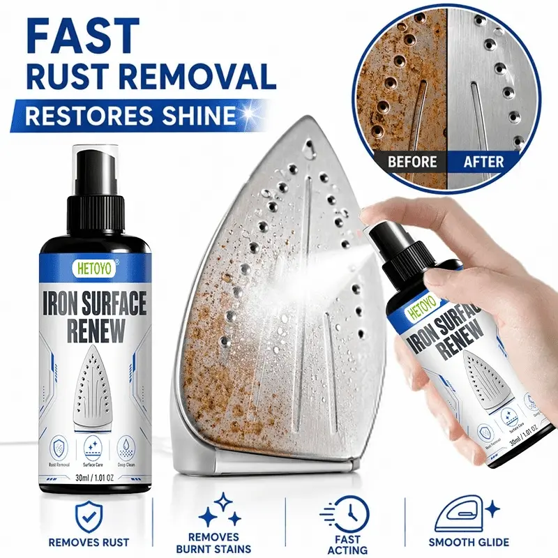 Iron cleaning and repairing spray can quickly remove scalding marks, stains and glue residues, and has a mild formula, which can improve the sliding of iron and improve ironing efficiency.