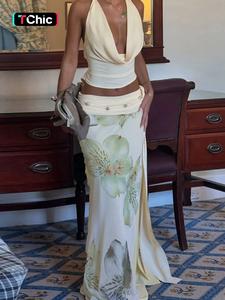 two-piece set women's plain tank top & floral print skirt, sleeveless cowl neck top & skirt set, ladies summer clothes for party club dating holiday beach vacation, womenswear, casual summer set