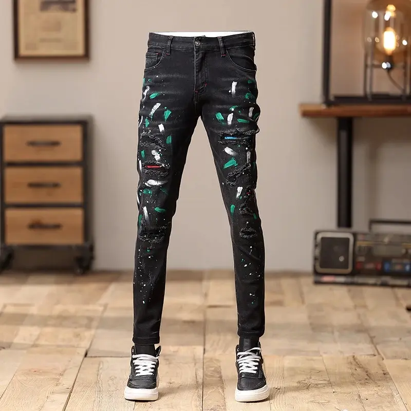 Designer Fashion Men's Black Slim Fit Jeans Elastic Waist Nostalgic Washed Water Straight Tube Retro Painted High-Pants
