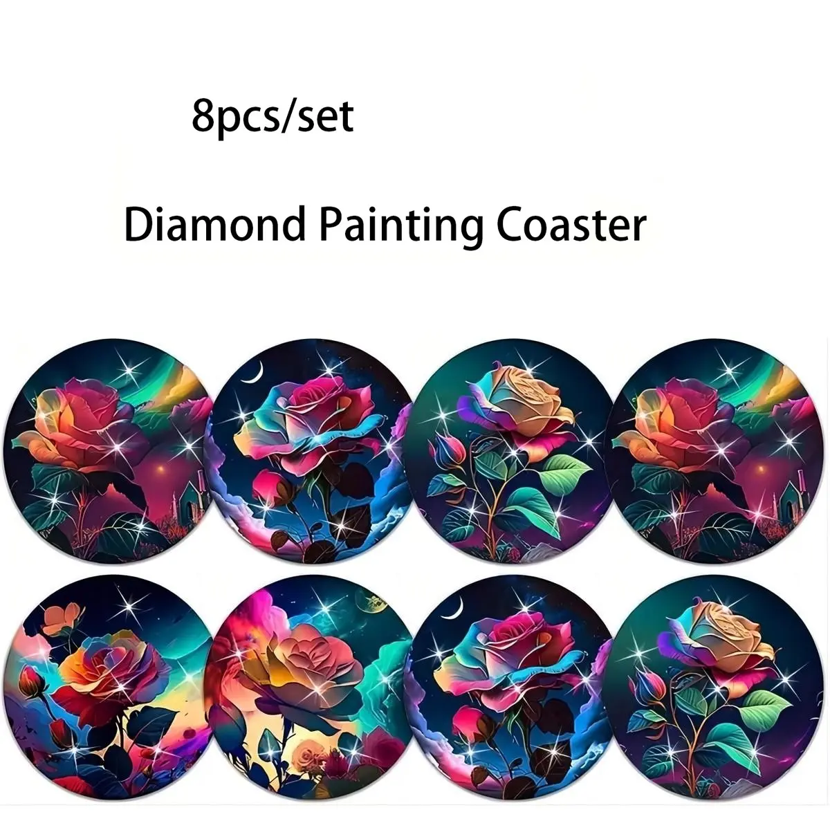 8-Piece Floral Pattern Diamond Painting Wooden Coasters Set, DIY Creative Diamond Art Cup Mats, Holiday Gift Idea, Round Decorative Coaster, Coasters for Drinks