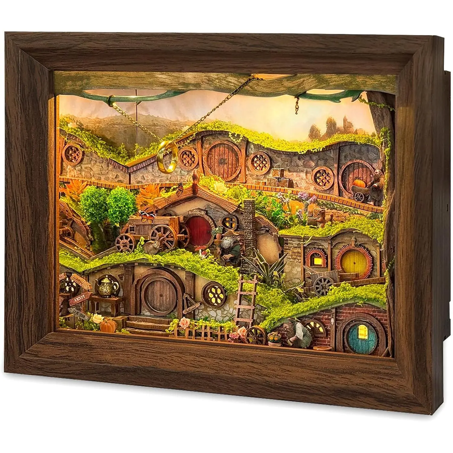 Hamlet Scene 3D Wooden Puzzle Magic Ring DIY Miniature House Shadow Box Kit with Light, Dust Cover, Book Nook for Adults, Framed Bookshelf Decor & Gift, 3D Puzzle