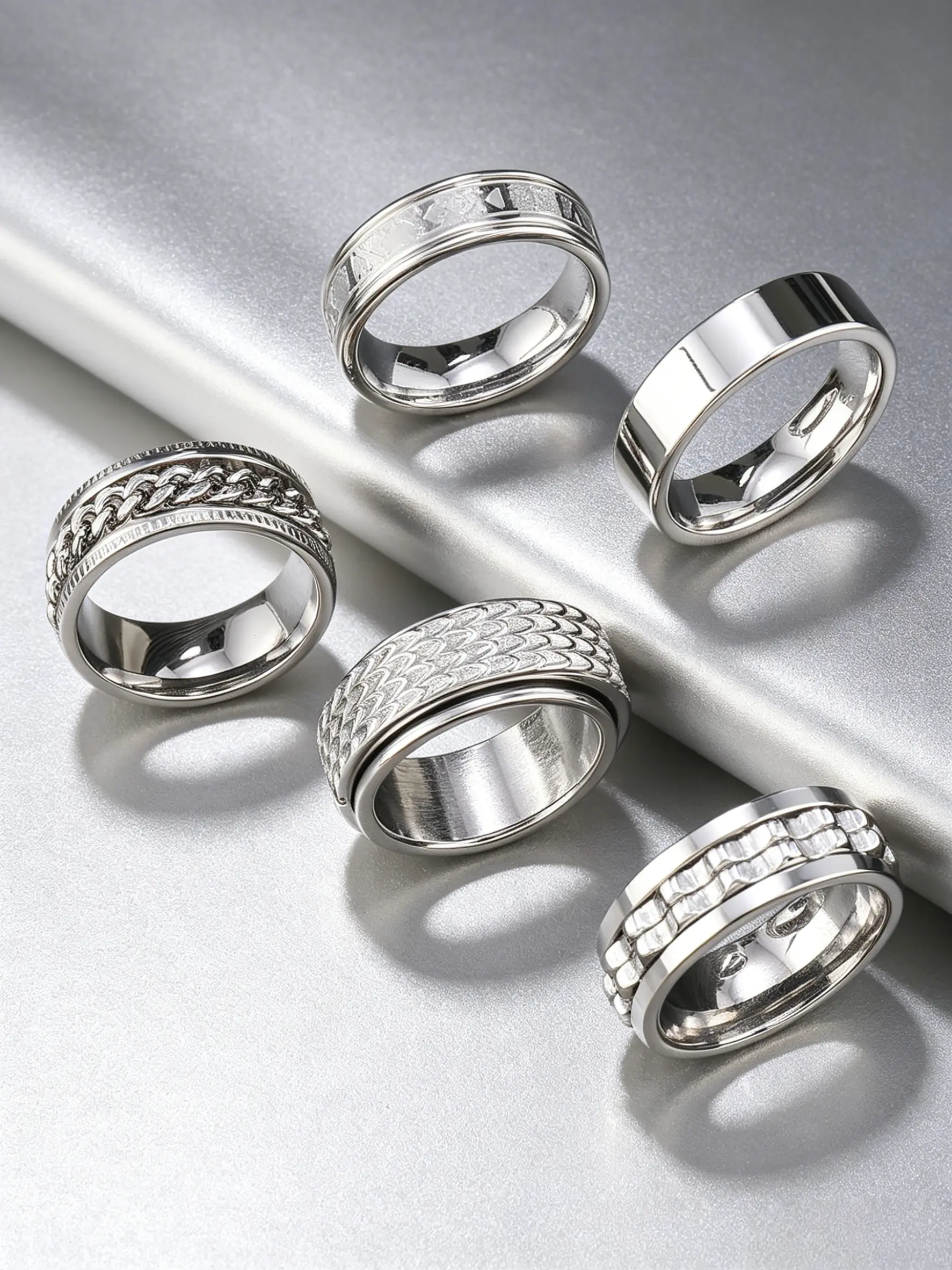 5pcs Multi Style Silver Stainless Steel Spinner Fidget Rings For Men Women, Solid Polished Band, Fish Scale, Cuban Chain, Wave Chain, Engraved Love Pattern Wide Wedding Band Rings, Anxiety Relief Rotating Comfort Fit Jewelry, Hypoallergenic Tarnish