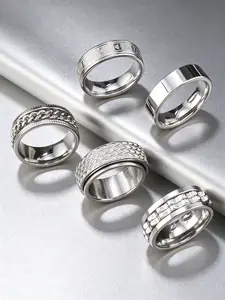 5pcs Multi Style Silver Stainless Steel Spinner Fidget Rings For Men Women, Solid Polished Band, Fish Scale, Cuban Chain, Wave Chain, Engraved Love Pattern Wide Wedding Band Rings, Anxiety Relief Rotating Comfort Fit Jewelry, Hypoallergenic Tarnish