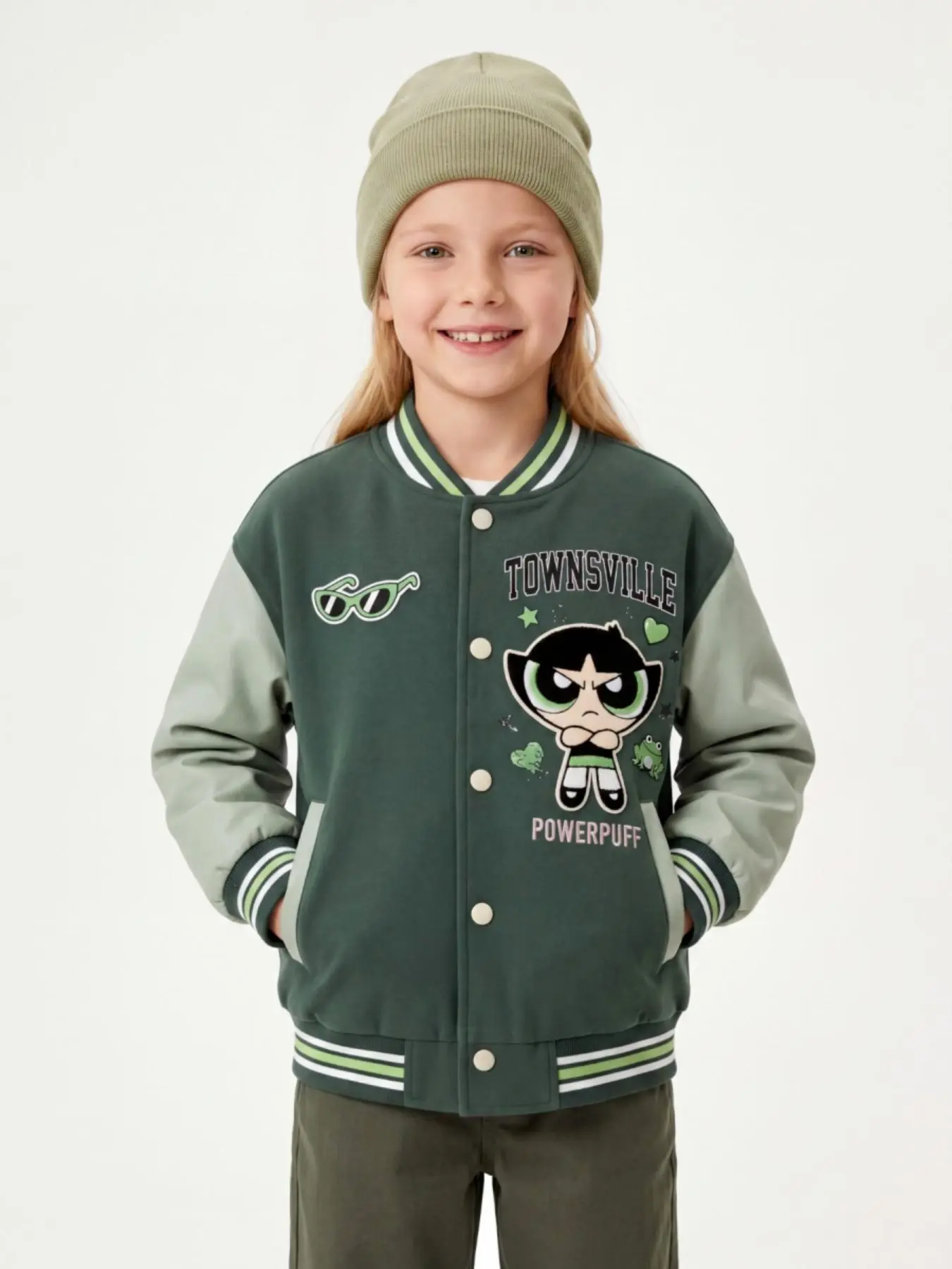 Warner Bros Powerpuff Girls Unisex Kids Baseball Jacket, Character Graphic Print Varsity Coat With Side Pockets, Soft Fleece Warm Outer Top for 1‑15Y Boys & Girls, Casual Long‑Sleeve Outerwear, Autumn Winter School Everyday Cartoon Clothing