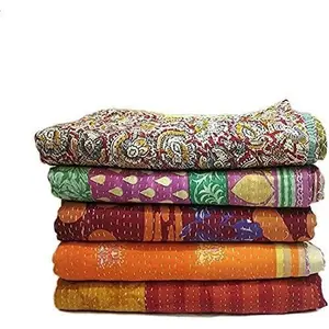 Indian Kantha Cotton Bed Cover Throw Old Made Patches Blanket Indian Vintage Kantha Throw Reversible Cotton Bedspread (1, Twin 85 x 55 Inch)